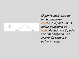AMPLITUDEImagine um barquinho no oceano, e imagine que uma onda passe por. Obviamente o barquinho irá subir e descer. Pois bem, a amplitude da onda que passou pelo barquinho é dada pelo quanto ele subiu ou desceu. Se por exemplo o barquinho subiu 5 cm, dizemos que a amplitude da onda que passou por ele é de 5 cm.