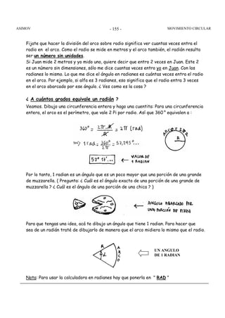 ASIMOV MOVIMIENTO - 155 - CIRCULAR 
Fijate que hacer la división del arco sobre radio significa ver cuantas veces entra el 
radio en el arco. Como el radio se mide en metros y el arco también, el radián resulta 
ser un número sin unidades. 
Si Juan mide 2 metros y yo mido uno, quiere decir que entro 2 veces en Juan. Este 2 
es un número sin dimensiones, sólo me dice cuantas veces entro yo en Juan. Con los 
radianes lo mismo. Lo que me dice el ángulo en radianes es cuántas veces entra el radio 
en el arco. Por ejemplo, si alfa es 3 radianes, eso significa que el radio entra 3 veces 
en el arco abarcado por ese ángulo. ¿ Ves como es la cosa ? 
¿ A cuántos grados equivale un radián ? 
Veamos. Dibujo una circunferencia entera y hago una cuentita: Para una circunferencia 
entera, el arco es el perímetro, que vale 2 Pi por radio. Así que 360 ° equivalen a : 
Por lo tanto, 1 radian es un ángulo que es un poco mayor que una porción de una grande 
de muzzarella. ( Pregunta: ¿ Cuál es el ángulo exacto de una porción de una grande de 
muzzarella ? ¿ Cuál es el ángulo de una porción de una chica ? ) 
Para que tengas una idea, acá te dibujo un ángulo que tiene 1 radian. Para hacer que 
sea de un radián traté de dibujarlo de manera que el arco midiera lo mismo que el radio. 
UN ANGULO 
DE 1 RADIAN 
Nota: Para usar la calculadora en radianes hay que ponerla en  RAD  
 
