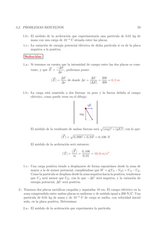 59

3.2. PROBLEMAS RESUELTOS.

1.b.- El m´dulo de la aceleraci´n que experimentar´ una part´
o
o
ıa
ıcula de 0,01 kg de
−4
masa con una carga de 10 C situada entre las placas.
1.c.- La variaci´n de energ´ potencial el´ctrica de dicha part´
o
ıa
e
ıcula si va de la placa
negativa a la positiva.

Soluci´n:
o
1.a.- Si tenemos en cuenta que la intensidad de campo entre las dos placas es cons→ −∆V
−
, podremos poner:
tante, y que E =
∆r
→
−
∆V
200
∆V
de donde ∆r =
=
= 0, 5 m
|E | =
∆r
|∆E|
400
1.b.- La carga est´ sometida a dos fuerzas: su peso y la fuerza debida al campo
a
el´ctrico, como puede verse en el dibujo:
e
qE
mg

El m´dulo de la resultante de ambas fuerzas ser´
o
a
→
−
|F | =

(mg)2 + (qE)2 , con lo que:

0, 0982 + 0, 042 = 0, 106 N

El m´dulo de la aceleraci´n ser´ entonces:
o
o
a
→
−
→
− | = | F | = 0, 106 = 10, 6 m/s2
|a
m
0, 01
1.c.- Una carga positiva tiende a desplazarse de forma espont´nea desde la zona de
a
mayor a la de menor potencial, cumpli´ndose que W = q(VA − VB ) = UA − UB .
e
Como la part´
ıcula se desplaza desde la zona negativa hacia la positiva, tendremos
que UA ser´ menor que UB , con lo que −∆U ser´ negativa, y la variaci´n de
a
a
o
energ´ potencial, ∆U ser´ positiva.
ıa
a
2.- Tenemos dos placas met´licas cargadas y separadas 10 cm. El campo el´ctrico en la
a
e
zona comprendida entre ambas placas es uniforme y de m´dulo igual a 200 N/C. Una
o
part´
ıcula de 0,01 kg de masa y de 10−4 C de carga se suelta, con velocidad inicial
nula, en la placa positiva. Determinar:
2.a.- El m´dulo de la aceleraci´n que experimenta la part´
o
o
ıcula.

 