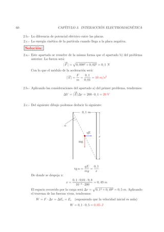 ´
´
CAP´
ITULO 3. INTERACCION ELECTROMAGNETICA

60

2.b.- La diferencia de potencial el´ctrico entre las placas.
e
2.c.- La energ´ cin´tica de la part´
ıa
e
ıcula cuando llega a la placa negativa.

Soluci´n:
o
2.a.- Este apartado se resuelve de la misma forma que el apartado b) del problema
anterior. La fuerza ser´:
a
→
−
| F | = 0, 0982 + 0, 022 = 0, 1 N
Con lo que el m´dulo de la aceleraci´n ser´:
o
o
a
F
0, 1
→
|− | =
a
=
= 10 m/s2
m
0, 01
2.b.- Aplicando las consideraciones del apartado a) del primer problema, tendremos:
→
−
∆V = | E |∆r = 200 · 0, 1 = 20 V
2.c.- Del siguiente dibujo podemos deducir lo siguiente:
0, 1 m

α
qE
x
mg

tg α =

qE
0, 1
=
mg
x

De donde se despeja x:
x=

0, 1 · 0,01 · 9, 8
= 0, 49 m
10−4 · 200

El espacio recorrido por la carga ser´ ∆r =
a
el teorema de las fuerzas vivas, tendremos:
W = F · ∆r = ∆Ec = Ec

0, 12 + 0, 492 = 0, 5 m. Aplicando

(suponiendo que la velocidad inicial es nula)

W = 0, 1 · 0, 5 = 0, 05 J

 