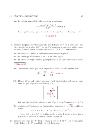 67

3.2. PROBLEMAS RESUELTOS.
8.c.- La energ´ potencial de cada una de las part´
ıa
ıculas es:
U=

9 · 109 · 10−7 · 10−7
= 0, 018 J
0, 072

Por lo que la energ´ potencial el´ctrica del conjunto de las dos cargas ser´:
ıa
e
a
U = 0, 036 J

9.- Tenemos dos placas met´licas separadas una distancia de 10 cm y sometidas a una
a
diferencia de potencial de 200 V. Un ion Na+ atraviesa la zona entre ambas placas,
entrando por la de menor potencial. (Dato: |e| = 1, 6 · 10−19 C.) Determine:
9.a.- El campo el´ctrico en la regi´n comprendida entre las placas.
e
o
9.b.- La fuerza que experimenta el ion Na+ en dicha regi´n.
o
9.c.- El cambio de energ´ cin´tica que experimenta el ion Na+ entre las dos placas.
ıa
e

Soluci´n:
o
9.a.- Teniendo en cuenta que, entre las placas, el campo el´ctrico es constante:
e
→
−
∆V
200
|E | = − =
= 2000 N/C
→|
|∆ r
0, 1
9.b.- El peso del ion pude considerarse despreciable frente a la fuerza debida al campo
el´ctrico, por lo que supondremos mg = 0
e
qE
mg

→
−
Por todo ello, el m´dulo de la fuerza ser´ | F | = 1, 6·10−19 ·20000 = 3, 2·10−16 N
o
a
→→
−−
9.c.- Aplicando el Teorema de las fuerzas vivas, tendremos W = F ∆r = ∆Ec , de
donde:
∆Ec = 3, 2 · 10−16 · 0, 1 cos 180o = −3, 2 · 10−17 J
(Puesto que el ion Na+ se desplaza desde la zona de menor a la de mayor
potencial, la variaci´n de energ´ cin´tica es negativa.)
o
ıa
e

10.- Tenemos una carga de 10−3 C en el origen y otra de 3 · 10−3 C en el punto 2i m.
(Dato: 1/4πǫ0 = 9 · 109 en unidades del S.I). Determine:

 