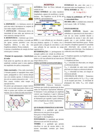 P O L A R IZ A Ç Ã O
O n d a in c id e n te
c irc u la r
P o la riz a d o r v e rtic a l
O n d a p o la riz a d a
n a v e rtic a l
P o la riz a d o r n a h o riz o n ta l
n en h u m a
v ib ra ç ã o
6. DISPERSÃO – é o fenômeno através do 
qual uma onda é decomposta no conjunto de 
suas ondas simples constituintes.
7. ATENUAÇÃO  – Diminuição efetiva da 
intensidade de uma onda, que atravessa um 
meio material e interage com ele.
8. RESSONÂNCIA – fenômeno que ocorre 
quando um sistema oscilante é excitado por 
um   agente   externo   periódico   com   uma 
freqüência   idêntica   a   uma   das   suas 
freqüências próprias. Nestas condições
é máxima a transferência de energia da fonte 
externa para o sistema.
 Princípio da superposição – Interferência 
de ondas
Cada ponto da superfície da onda tem uma 
amplitude resultante igual à soma algébrica 
das amplitudes dos pulsos componentes.
Onda estacionária – Uma onda estacionária 
é formada quando se superpõem duas ondas 
iguais, propagando­se com a mesma direção 
mas com sentidos opostos. A distância entre 
dois nós ou ventres consecutivos vale   / 2.
Dois   ventres   vizinhos   estão   sempre   em 
oposição de fase.
Os pontos que permanecem sempre imóveis 
são os nós da onda estacionária. Entre os nós 
estão os pontos que oscilam com amplitude 
máxima: são os ventres da onda estacionária.
ACÚSTICA
ACÚSTICA:  Parte   da   Física   dedicada   ao 
estudo do som.
ONDAS   SONORAS:   são   ondas   mecânicas 
longitudinais, capazes de sensibilizar o ouvido 
humano.   Sua freqüência vai de 20 Hz até 
20.000 Hz, aproximadamente.
ECO: é o som refletido por um obstáculo a 
uma distância superior a 17 metros, isto é, 
quando entre a chegada do som direto e a do 
som   refletido   há   um   intervalo   de   tempo 
superior a 0,1 s.
REVERBERAÇÃO:  é o prolongamento da 
sensação auditiva em virtude da reflexão do 
som, isto é, quando entre a chegada do som 
direto e a do som refletido há um intervalo de 
tempo inferior a 0,1 s.
ONDAS ACÚSTICAS ESTACIONÁRIAS
C o r d a s V ib r a n te s
f1
f2 = 2 f1
f3 = 3 f1
S o m fu n d a m e n ta l
1 o
h a r m ô n ic o
2 o
h a r m ô n ic o
3 o
h a r m ô n ic o
BATIMENTOS.   Chama­se   batimento   o 
fenômeno que resulta da superposição de duas 
ondas de frequências ligeiramente diferentes. 
O batimento é uma pertubação de amplitude 
variável cuja frequência é igual à diferença 
entre as frequências das duas ondas. O número 
de batimentos por segundo é igual á diferença 
entre as freqüências das ondas componentes.
fbatimento = ∣f1­f2∣
QUALIDADES FISIOLÓGICAS DO SOM
ALTURA:  é   a   qualidade   que   permite 
diferenciar um som grave de um agudo. 
Som grave => baixa freqüência.
Som agudo => alta freqüência.
INTENSIDADE:  é a qualidade que permite 
diferenciar um som forte de um fraco.
TIMBRE:  é   a   qualidade   que   permite 
classificar   os   sons   de   mesma   altura   e   de 
mesma   intensidade,   emitidos   por   fontes 
distintas.
INTERVALO   (i):  entre   dois   sons   é   o 
quociente entre suas freqüências.  I = f2 / f1
NÍVEL SONORO (  S ): 
  S = log ( I / Io )
Io = limiar de audibilidade = 10­12
 W / m2
I = intensidade física
DECIBEL (dB): é a unidade mais comum de 
nível sonoro. 1 dB = 10­1
 B (Bel).
EFEITO DOPPLER
EFEITO   DOPPLER:   Quando   uma 
ambulância se aproxima de um observador, o 
som   de   sua   sirene   recebido   durante   a 
aproximação da mesma é mais  alto (mais 
agudo)   que   o   som   recebido   durante   o 
afastamento (mais baixo/mais grave).  Nestas 
situações a freqüência aparente (f’) percebida 
pelo   observador   não   coincide   com   a 
freqüência real (f) da fonte.  Esse fenômeno é 
conhecido como efeito Doppler.
f’= freqüência aparente, ou, freqüência que o 
observador capta.
f = freqüência da fonte.
Vobs = velocidade do observador, em relação 
ao referencial adotado.
Vsom  = velocidade da onda (som), emitida 
pela fonte em relação ao referencial adotado.
Vfonte  = velocidade da fonte, em relação ao 
referencial adotado.
CONVENÇÃO DE SINAIS ­   Tomaremos 
como sentido positivo de Vobs e Vfonte o que 
vai do receptor para fonte.  A velocidade de 
propagação   das   ondas,   Vsom,   será   sempre 
positiva.
www.abacoaulas.com
8
 