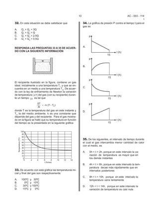 10                                          AC - 003 - 114
                                                                                                                      I
32. En esta situación se debe satisfacer que                     34. La gráfica de presión P contra el tiempo t para el
                                                                 gas es
A.    Q1 + Q2 = 3Q
B.    Q1 + Q2 = Q
C.    Q1 + Q2 = 2,5Q
D.    Q1 + Q2 = 0,5Q


RESPONDA LAS PREGUNTAS 33 A 35 DE ACUER-
DO CON LA SIGUIENTE INFORMACIÓN




El recipiente ilustrado en la figura, contiene un gas
ideal, inicialmente a una temperatura Ti, y que se en-
cuentra en un medio a una temperatura Tm. De acuer-
do con la ley de enfriamiento de Newton la variación
de temperatura ( ∆ T ) del gas (con su recipiente) duran-
te un tiempo ∆ t es tal que

                    ∆T
                       = − k (T − Tm )
                    ∆t
donde T es la temperatura del gas en este instante y
Tm la del medio ambiente. k es una constante que
depende del gas y del recipiente. Para el gas mostra-
do en la figura se halló que su temperatura en función
del tiempo es la presentada en la siguiente gráfica




                                                                 35. De los siguientes, el intervalo de tiempo durante
                                                                 el cual el gas intercambia menor cantidad de calor
                                                                 con el medio, es

                                                                 A.   0h < t < 2h, porque en este intervalo la va-
                                                                      riación de temperatura es mayor que en
                                                                      los demás instantes

                                                                 B.   4h < t < 6h, porque en este intervalo la tem-
                                                                      peratura decae más rápidamente que en
33. De acuerdo con esta gráfica las temperaturas ini-                 intervalos posteriores
cial y final del gas son respectivamente
                                                                 C.   8h < t < 10h, porque en este intervalo la
A.    100ºC   y 30ºC                                                  temperatura varía lentamente
B.      0ºC   y 15ºC
C.     30ºC   y 100ºC                                            D.   12h < t < 14h, porque en este intervalo la
D.     15ºC   y 0ºC                                                   variación de temperatura es casi nula
 