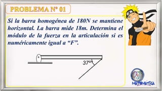 Si la barra homogénea de 180N se mantiene
horizontal. La barra mide 18m. Determina el
módulo de la fuerza en la articulación si es
numéricamente igual a “F”.
37º°
 