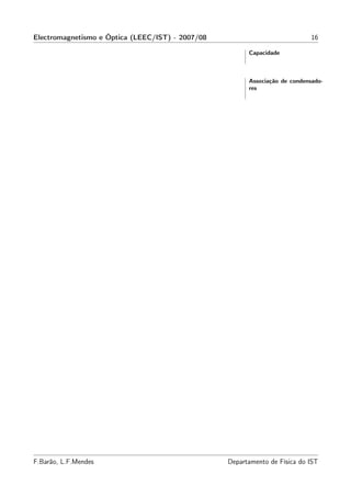 Electromagnetismo e Óptica (LEEC/IST) - 2007/08                              16

                                                        Capacidade



                                                        Associação de condensado-
                                                        res




F.Barão, L.F.Mendes                               Departamento de Física do IST
 