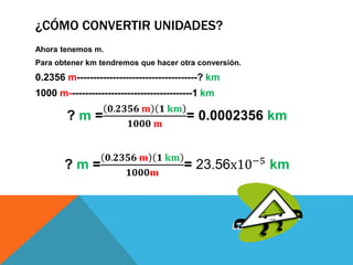 ¿CÓMO CONVERTIR UNIDADES?
Ahora tenemos m.
Para obtener km tendremos que hacer otra conversión.
0.2356 m-------------------------------------? km
1000 m--------------------------------------1 km
? m =
𝟎.𝟐𝟑𝟓𝟔 𝐦 𝟏 𝐤𝐦
𝟏𝟎𝟎𝟎 𝐦
= 0.0002356 km
? m =
𝟎.𝟐𝟑𝟓𝟔 𝐦 𝟏 𝐤𝐦
𝟏𝟎𝟎𝟎𝐦
= 23.56x10−5 km
 