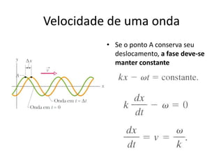 Velocidade de uma onda
• Se o ponto A conserva seu
deslocamento, a fase deve-se
manter constante

 