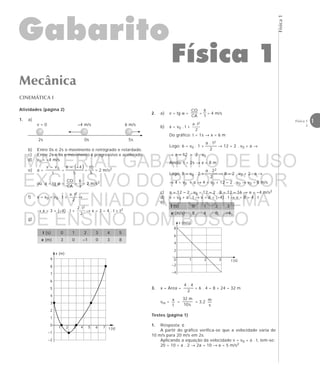 Física1
1Física 1
2
CINEMÁTICA I
Atividades (página 2)
1. a)
v = 0 –4 m/s 6 m/s
2s 0s 5s
b) Entre 0s e 2s o movimento é retrógrado e retardado.
c) Entre 2s e 5s o movimento é progressivo e acelerado.
d) v0 = –4 m/s
e) a =
t
v–v 0
=
( )
5
4––6
=
5
10
= 2 m/s2
ou a = tg α =
CA
CO
=
3
6
= 2 m/s2
f) x = x0 + v0 . t +
2
t.a 2
→
→ x = 3 + (–4) . t +
2
t.2 2
→ x = 3 – 4 . t + t2
g)
Gabarito
Física 1
Mecânica
2. a) v = tg α =
CA
CO
=
1
4
= 4 m/s
b) x = v0 . t +
2
t.a 2
Do gráfico: t = 1s → x = 6 m
Logo: 6 = v0 . 1 +
2
1.a 2
→ 12 = 2 . v0 + a →
→ a = 12 – 2 . v0
Ainda: t = 2s → x = 8 m
Logo: 8 = v0 . 2 +
2
2.a 2
→ 8 = 2 . v0 + 2 . a →
→ 4 = v0 + a → 4 = v0 + 12 – 2 . v0 → v0 = 8 m/s
c) a = 12 – 2 . v0 = 12 – 2 . 8 = 12 – 16 → a = –4 m/s2
d) v = v0 + a . t → v = 8 + (–4) . t → v = 8 – 4 . t
e)
3. x = Área =
2
4.4
+ 6 . 4 = 8 + 24 = 32 m
vm =
t
x
=
s10
m32
= 3,2
s
m
Testes (página 1)
1. Resposta: c
A partir do gráfico verifica-se que a velocidade varia de
10 m/s para 20 m/s em 2s.
Aplicando a equação da velocidade v = v0 + a . t, tem-se:
20 = 10 + a . 2 → 2a = 10 → a = 5 m/s2
t (s)
x (m)
0 1 2 3 4 5
3 0 –1 0 3 8
x (m)
t (s)
9
8
7
6
5
4
3
2
1
0
–1
–2
1 2 3 4 5 6 7
t (s)
v (m/s)
0 1 2 3
8 4 0 –4
v (m/s)
t (s)
8
6
4
2
0
–2
–4
1 2 3
MATERIAL GABARITO DE USO
EXCLUSIVO DO PROFESSOR
CONVENIADO AO SISTEMA
DE ENSINO DOM BOSCO
MENU PRINCIPAL
 