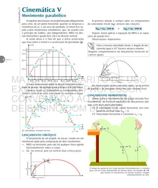 CinemáticaV
8 Física 1
2
Cinemática V
Movimento parabólico
A trajetória descrita por um projétil lançado obliquamente
para cima, de um plano horizontal, quando se despreza a
resistência do ar, é um arco de parábola. O móvel fica su-
jeito a dois movimentos simultâneos, que, de acordo com
o princípio de Galileu, são independentes: MRU na dire-
ção horizontal e queda livre (QL) na direção vertical.
A razão disso é o fato de que a única aceleração
que atua sobre o móvel é a aceleração da gravidade (g).
LANÇAMENTO OBLÍQUO
O lançamento de um projétil, no vácuo, resulta em um
movimento dado pela composição de dois movimentos:
— MRU na horizontal, pois não há qualquer força agindo
horizontalmente sobre o corpo.
— QL, na vertical, pois na vertical atua a força peso.
LANÇAMENTO HORIZONTAL
Valem, para o movimento de um corpo lançado hori-
zontalmente, as mesmas equações do lançamento oblí-
quo, com duas particularidades:
1ª) A velocidade inicial, sendo horizontal, tem com-
ponente vertical nula: v0y = 0.
2ª) Velocidade horizontal é constante vx = v0
O tempo de queda de um corpo lançado horizontalmente é o mesmo
que o de um corpo abandonado da mesma altura. As moedas A e B,
que iniciam os movimentos no mesmo instante, chegam
simultaneamente ao solo.
O maior deslocamento obtido na direção horizontal recebe o
nome de alcance. No exemplo acima o alcance é de 240 metros.
Observe como se comportam as componentes hori-
zontal e vertical do vetor velocidade no exemplo a seguir.
A primeira atitude é sempre obter as componentes
da velocidade inicial (v0), através das relações
V0x = v0 . cos ααααα e v0y = v0 . sen ααααα
Depois, basta aplicar a equação do MRU e as equa-
ções da queda livre.
Observações importantes:
As observações acima somente valem, se os pontos
de partida e de chegada estiverem num mesmo nível.
B
B A
AvH
vv
vH
vv
y (m)
x (m)
5 m
15 m
25 m
35 m
0s
1s
2s
3s
4s
5s
6s
7s
8s
30 m 30 m 30 m30 m30 m30 m30 m30 m
y (m)
x (m)
0s
1s
2s
3s
4s
5s
6s
7s
8s
v0x = 30
vx = 30
vx = 30
vx = 30
vx = 30
vx = 30
vx = 30
vx = 30
vx = 30
v0y = 40
vy = 30
vy = 20
vy = 10 vy = 0
vy = –10
vy = –20
vy = –30
vy = –40As velocidades constam em m/s.
y







v0y







v0x
x
θ
v0
vy
vx
v









v0
Amáx

















v0
60°
30° 45°
A
Para a mesma velocidade inicial, o ângulo de lan-
çamento igual a 45° fornece alcance máximo.
Ângulos complementares de lançamento fornecem al-
cances iguais.
MATERIAL GABARITO DE USO
EXCLUSIVO DO PROFESSOR
CONVENIADO AO SISTEMA
DE ENSINO DOM BOSCO
MENU PRINCIPAL
 