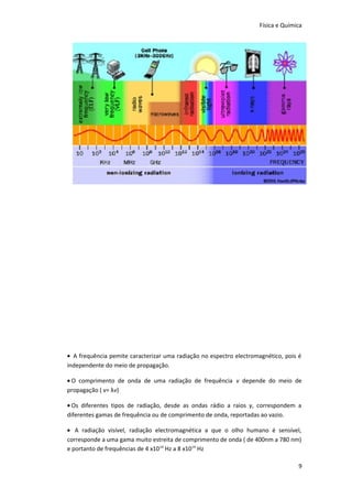 Física e Química

• A frequência pemite caracterizar uma radiação no espectro electromagnético, pois é
independente do meio de propagação.
• O comprimento de onda de uma radiação de frequência v depende do meio de
propagação ( v= λv)
• Os diferentes tipos de radiação, desde as ondas rádio a raios γ, correspondem a
diferentes gamas de frequência ou de comprimento de onda, reportadas ao vazio.
• A radiação visível, radiação electromagnética a que o olho humano é sensível,
corresponde a uma gama muito estreita de comprimento de onda ( de 400nm a 780 nm)
e portanto de frequências de 4 x10 14 Hz a 8 x1014 Hz
9

 