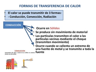FORMAS DE TRANSFERENCIA DE CALOR
• El calor se puede transmitir de 3 formas:
• - Conducción, Convección, Radiación
CONDUCCIÓN
• Ocurre en Sólidos
• Se produce sin movimiento de material
• Las partículas transmiten el calor a las
partículas vecinas mediante el choque
(transmiten movimiento)
• Ocurre cuando se calienta un extremo de
una fuente de metal y se transmite a toda la
fuente
CONDUCCIÓN
 