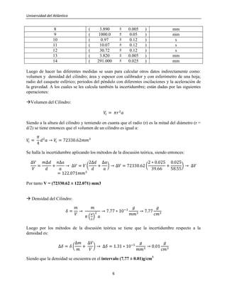 Universidad del Atlántico
6
8 ( 3.890 0.005 ) mm
9 ( 1000.0 0.05 ) mm
10 ( 0.97 0.12 ) s
11 ( 10.07 0.12 ) s
12 ( 30.72 0.12 ) s
13 ( 3.820 0.005 ) mm
14 ( 291.000 0.025 ) mm
Luego de hacer las diferentes medidas se usan para calcular otros datos indirectamente como:
volumen y densidad del cilindro; área y espesor con calibrador y con esferómetro de una hoja;
radio del casquete esférico; periodos del péndulo con diferentes oscilaciones y la aceleración de
la gravedad. A los cuales se les calcula también la incertidumbre; están dadas por las siguientes
operaciones:
Volumen del Cilindro:
Siendo a la altura del cilindro y temiendo en cuanta que el radio (r) es la mitad del diámetro (r =
d/2) se tiene entonces que el volumen de un cilindro es igual a:
Se halla la incertidumbre aplicando los métodos de la discusión teórica, siendo entonces:
Por tanto V = (72330.62 ± 122.071) mm3
 Densidad del Cilindro:
Luego por los métodos de la discusión teórica se tiene que la incertidumbre respecto a la
densidad es:
Siendo que la densidad se encuentra en el intervalo (7.77 ± 0.01)g/cm3
 
