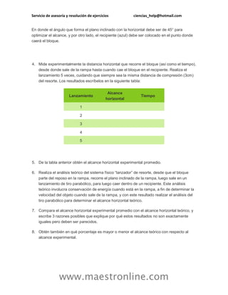 Servicio de asesoría y resolución de ejercicios

ciencias_help@hotmail.com

En donde el ángulo que forma el plano inclinado con la horizontal debe ser de 45° para
optimizar el alcance, y por otro lado, el recipiente (azul) debe ser colocado en el punto donde
caerá el bloque.

4. Mide experimentalmente la distancia horizontal que recorre el bloque (así como el tiempo),
desde donde sale de la rampa hasta cuando cae el bloque en el recipiente. Realiza el
lanzamiento 5 veces, cuidando que siempre sea la misma distancia de compresión (3cm)
del resorte. Los resultados escríbelos en la siguiente tabla:

Lanzamiento

Alcance
horizontal

Tiempo

1
2
3
4
5

5. De la tabla anterior obtén el alcance horizontal experimental promedio.
6. Realiza el análisis teórico del sistema físico “lanzador” de resorte, desde que el bloque
parte del reposo en la rampa, recorre el plano inclinado de la rampa, luego sale en un
lanzamiento de tiro parabólico, para luego caer dentro de un recipiente. Este análisis
teórico involucra conservación de energía cuando está en la rampa, a fin de determinar la
velocidad del objeto cuando sale de la rampa, y con este resultado realizar el análisis del
tiro parabólico para determinar el alcance horizontal teórico.
7. Compara el alcance horizontal experimental promedio con el alcance horizontal teórico, y
escribe 3 razones posibles que explique por qué estos resultados no son exactamente
iguales pero deben ser parecidos.
8. Obtén también en qué porcentaje es mayor o menor el alcance teórico con respecto al
alcance experimental.

www.maestronline.com

 