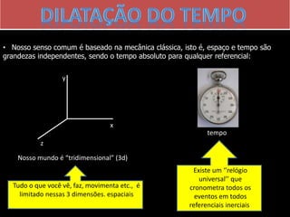 • Nosso senso comum é baseado na mecânica clássica, isto é, espaço e tempo são
grandezas independentes, sendo o tempo absoluto para qualquer referencial:
x
y
z
Nosso mundo é “tridimensional” (3d)
tempo
Tudo o que você vê, faz, movimenta etc., é
limitado nessas 3 dimensões. espaciais
Existe um ‘’relógio
universal’’ que
cronometra todos os
eventos em todos
referenciais inerciais.
 