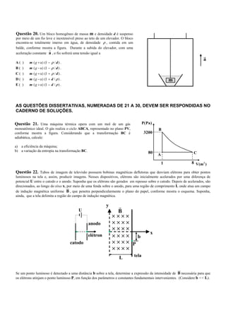 Questão 20. Um bloco homogêneo de massa m e densidade d é suspenso
por meio de um fio leve e inextensível preso ao teto de um elevador. O bloco
encontra-se totalmente imerso em água, de densidade ρ , contida em um
balde, conforme mostra a figura. Durante a subida do elevador, com uma
                     u
                     r
aceleração constante a , o fio sofrerá uma tensão igual a
                                                                                                                         r
                                                                                                                         a
A(   )   m ( g + a) (1 − ρ / d ) .
B(   )   m ( g − a) (1 − ρ / d ) .
C(   )   m ( g + a) (1 + ρ / d ) .
D(   )   m ( g − a) (1 + d / ρ ) .                                                                    m
E(   )   m ( g + a) (1 − d / ρ ) .




AS QUESTÕES DISSERTATIVAS, NUMERADAS DE 21 A 30, DEVEM SER RESPONDIDAS NO
CADERNO DE SOLUÇÕES.

Questão 21. Uma máquina térmica opera com um mol de um gás                            P(Pa)
monoatômico ideal. O gás realiza o ciclo ABCA, representado no plano PV,                      B
conforme mostra a figura. Considerando que a transformação BC é                        3200
adiabática, calcule:

a) a eficiência da máquina;
b) a variação da entropia na transformação BC.                                           80   A                    C

                                                                                                  1              8 V(m 3 )

Questão 22. Tubos de imagem de televisão possuem bobinas magnéticas defletoras que desviam elétrons para obter pontos
luminosos na tela e, assim, produzir imagens. Nesses dispositivos, elétrons são inicialmente acelerados por uma diferença de
potencial U entre o catodo e o anodo. Suponha que os elétrons são gerados em repouso sobre o catodo. Depois de acelerados, são
direcionados, ao longo do eixo x, por meio de uma fenda sobre o anodo, para uma região de comprimento L onde atua um campo
                                   uu
                                    r
de indução magnética uniforme B , que penetra perpendicularmente o plano do papel, conforme mostra o esquema. Suponha,
ainda, que a tela delimita a região do campo de indução magnética.

                                                           y      r
                                        U                         B
                                                               ××××
                                                 anodo         ××××
                                                               ××××
                                                                                          x
                                                 elétron       ××××             b
                                     catodo                    ××××        P
                                                               ××××
                                                                  L            tela


                                                                                                          uu
                                                                                                           r
Se um ponto luminoso é detectado a uma distância b sobre a tela, determine a expressão da intensidade de B necessária para que
os elétrons atinjam o ponto luminoso P, em função dos parâmetros e constantes fundamentais intervenientes. (Considere b << L).
 