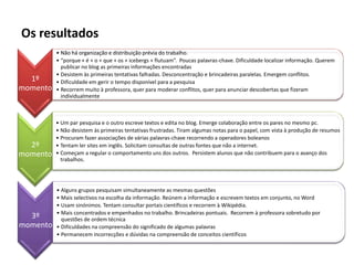 Os resultados
          • Não há organização e distribuição prévia do trabalho.
          • “porque + é + o + que + os + icebergs + flutuam”. Poucas palavras-chave. Dificuldade localizar informação. Querem
            publicar no blog as primeiras informações encontradas
          • Desistem às primeiras tentativas falhadas. Desconcentração e brincadeiras paralelas. Emergem conflitos.
  1º      • Dificuldade em gerir o tempo disponível para a pesquisa
momento   • Recorrem muito à professora, quer para moderar conflitos, quer para anunciar descobertas que fizeram
            individualmente



          • Um par pesquisa e o outro escreve textos e edita no blog. Emerge colaboração entre os pares no mesmo pc.
          • Não desistem às primeiras tentativas frustradas. Tiram algumas notas para o papel, com vista à produção de resumos
          • Procuram fazer associações de várias palavras-chave recorrendo a operadores boleanos
  2º      • Tentam ler sites em inglês. Solicitam consultas de outras fontes que não a internet.
momento   • Começam a regular o comportamento uns dos outros. Persistem alunos que não contribuem para o avanço dos
            trabalhos.




          • Alguns grupos pesquisam simultaneamente as mesmas questões
          • Mais selectivos na escolha da informação. Reúnem a informação e escrevem textos em conjunto, no Word
          • Usam sinónimos. Tentam consultar portais científicos e recorrem à Wikipédia.
          • Mais concentrados e empenhados no trabalho. Brincadeiras pontuais. Recorrem à professora sobretudo por
  3º        questões de ordem técnica
momento   • Dificuldades na compreensão do significado de algumas palavras
          • Permanecem incorrecções e dúvidas na compreensão de conceitos científicos
 