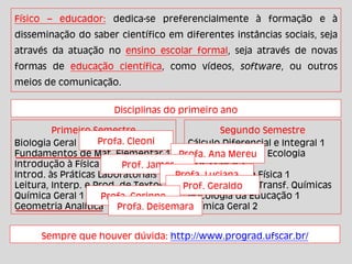 Físico – educador: dedica-se preferencialmente à formação e à
disseminação do saber científico em diferentes instâncias sociais, seja
através da atuação no ensino escolar formal, seja através de novas
formas de educação científica, como vídeos, software, ou outros
meios de comunicação.
Disciplinas do primeiro ano
Primeiro Semestre
Biologia Geral
Fundamentos de Mat. Elementar 1
Introdução à Física
Introd. às Práticas Laboratoriais
Leitura, Interp. e Prod. de Textos
Química Geral 1
Geometria Analítica
Segundo Semestre
Cálculo Diferencial e Integral 1
Fundamentos de Ecologia
Física Geral 1
Laboratório de Física 1
Laboratório de Transf. Químicas
Psicologia da Educação 1
Química Geral 2
Sempre que houver dúvida: http://www.prograd.ufscar.br/
Profa. Cleoni
Profa. Ana Mereu
Prof. James
Profa. Luciana
Prof. Geraldo
Profa. Corinne
Profa. Deisemara
 