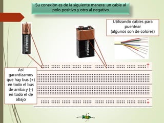 Su conexión es de la siguiente manera: un cable al
polo positivo y otro al negativo
-+
+
-
Utilizando cables para
puentear
(algunos son de colores)
Así
garantizamos
que hay bus (+)
en todo el bus
de arriba y (-)
en todo el de
abajo
 