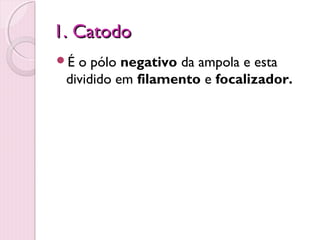 1. Catodo
É o pólo negativo da ampola e esta
 dividido em filamento e focalizador.
 