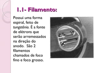 1.1- Filamento:
Possui uma forma
espiral, feito de
tungstênio. É a fonte
de elétrons que
serão arremessados
na direção do
anodo. São 2
filamentos
chamados de foco
fino e foco grosso.
 