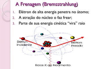 A Frenagem (Bremsstrahlung)
1. Elétron de alta energia penetra no átomo;
2. A atração do núcleo o faz frear;
3. Parte de sua energia cinética “vira” raio
   X.




                          5
 