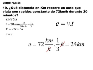 LIBRO PAG 59
19. ¿Qué distancia en Km recorre un auto que
viaja con rapidez constante de 72km/h durante 20
minutos?
?
/72
min20



e
hkmV
t
DATOS
tve .h
h
3
1
min60
1

kmh
h
km
e 24
3
1
.72 
 