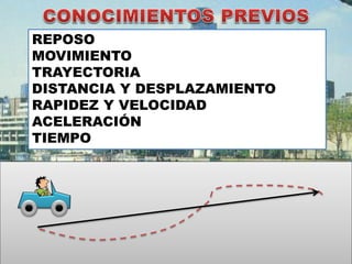 REPOSO
MOVIMIENTO
TRAYECTORIA
DISTANCIA Y DESPLAZAMIENTO
RAPIDEZ Y VELOCIDAD
ACELERACIÓN
TIEMPO
 