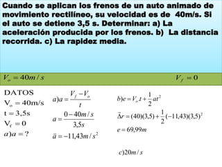 2
/43,11
5,3
/400
)
sma
s
sm
a
t
VV
aa of






Cuando se aplican los frenos de un auto animado de
movimiento rectilíneo, su velocidad es de 40m/s. Si
el auto se detiene 3,5 s. Determinar: a) La
aceleración producida por los frenos. b) La distancia
recorrida. c) La rapidez media.
me
r
attVeb o
99,69
)5,3)(43,11(
2
1
)5,3)(40(
2
1
.)
2
2




?)
0V
3,5st
40m/sV
DATOS
f
o




aa
smVo /40 0fV
smc /20)
 