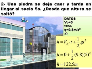 2- Una piedra se deja caer y tarda en
llegar al suelo 5s. ¿Desde que altura se
soltó?
mh
h
gttVh o
5,122
)5)(8.9(
2
1
0
2
1
2
2



DATOS
Vo=0
t=5s
g=9,8m/s2
a)
 