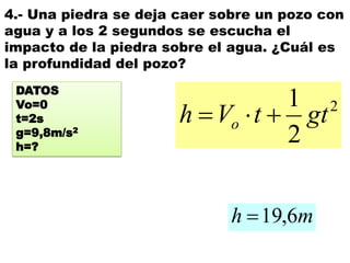 4.- Una piedra se deja caer sobre un pozo con
agua y a los 2 segundos se escucha el
impacto de la piedra sobre el agua. ¿Cuál es
la profundidad del pozo?
mh 6,19
DATOS
Vo=0
t=2s
g=9,8m/s2
h=?
2
2
1
gttVh o 
 