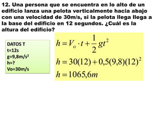 12. Una persona que se encuentra en lo alto de un
edificio lanza una pelota verticalmente hacia abajo
con una velocidad de 30m/s, si la pelota llega llega a
la base del edificio en 12 segundos. ¿Cuál es la
altura del edificio?
DATOS T
t=12s
g=9,8m/s2
h=?
Vo=30m/s
mh
h
gttVh o
6,1065
)12)(8,9(5,0)12(30
2
1
2
2



 