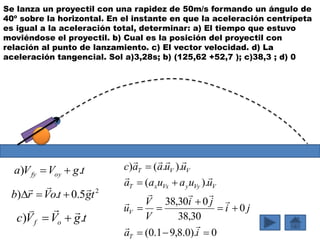 Se lanza un proyectil con una rapidez de 50m/s formando un ángulo de
40º sobre la horizontal. En el instante en que la aceleración centrípeta
es igual a la aceleración total, determinar: a) El tiempo que estuvo
moviéndose el proyectil. b) Cual es la posición del proyectil con
relación al punto de lanzamiento. c) El vector velocidad. d) La
aceleración tangencial. Sol a)3,28s; b) (125,62 +52,7 ); c)38,3 ; d) 0
tgVVa oyfy .) 
2
5.0.) tgtoVrb


tgVVc of .)


0).0.8,91.0(
0
30,38
030,38
).(
)..()






ia
ji
ji
V
V
u
uuauaa
uuaac
T
V
VVyyVxxT
VVT






 