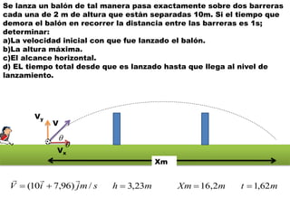 Se lanza un balón de tal manera pasa exactamente sobre dos barreras
cada una de 2 m de altura que están separadas 10m. Si el tiempo que
demora el balón en recorrer la distancia entre las barreras es 1s;
determinar:
a)La velocidad inicial con que fue lanzado el balón.
b)La altura máxima.
c)El alcance horizontal.
d) EL tiempo total desde que es lanzado hasta que llega al nivel de
lanzamiento.
Xm
Vx
Vy
V


smjiV /)96,710(

 mh 23,3 mXm 2,16 mt 62,1
 
