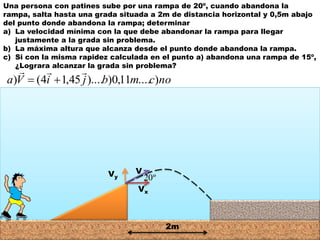 Una persona con patines sube por una rampa de 20º, cuando abandona la
rampa, salta hasta una grada situada a 2m de distancia horizontal y 0,5m abajo
del punto donde abandona la rampa; determinar
a) La velocidad mínima con la que debe abandonar la rampa para llegar
justamente a la grada sin problema.
b) La máxima altura que alcanza desde el punto donde abandona la rampa.
c) Si con la misma rapidez calculada en el punto a) abandona una rampa de 15º,
¿Lograra alcanzar la grada sin problema?
2m
nocmbjiVa )....11,0))....45,14()


V
º20
Vx
Vy
 