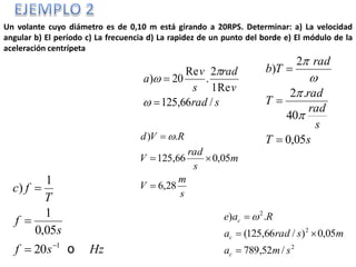 Un volante cuyo diámetro es de 0,10 m está girando a 20RPS. Determinar: a) La velocidad
angular b) El período c) La frecuencia d) La rapidez de un punto del borde e) El módulo de la
aceleración centrípeta
srad
v
rad
s
v
a
/66,125
Re1
2
.
Re
20)





sT
s
rad
rad
T
rad
Tb
05,0
40
.2
2
)







Hzsf
s
f
T
fc
o1
20
05,0
1
1
)



 s
m
V
m
s
rad
V
RVd
28,6
05,066,125
.)


 
2
2
2
/52,789
05,0)/66,125(
.)
sma
msrada
Rae
c
c
c


 
 