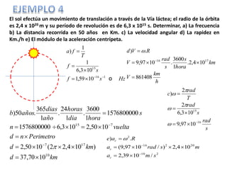 El sol efectúa un movimiento de translación a través de la Vía láctea; el radio de la órbita
es 2,4 x 1020 m y su período de revolución es de 6,3 x 1015 s. Determinar, a) La frecuencia
b) La distancia recorrida en 50 años en Km. c) La velocidad angular d) La rapidez en
Km./h e) El módulo de la aceleración centrípeta.
Hzsf
s
f
T
fa
o116
15
1059,1
103,6
1
1
)





kmd
kmd
Perimetrond
vueltan
s
horadia
horas
año
dias
añosb
10
177
715
1070,37
)104,22(1050,2
1050,2103,61576800000
1576800000
1
3600
.
1
24
.
1
365
.50)








s
rad
s
rad
T
rad
c
16
15
1097,9
103,6
2
2
)










h
km
V
km
hora
s
s
rad
V
RVd
861408
104,2.
1
3600
.1097,9
.)
1716





210
20216
2
/1039,2
104,2)/1097,9(
.)
sma
msrada
Rae
c
c
c




 
 