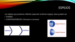 ESPEJOS 
Los objetos que producen reflexión especular se llaman espejos, estos pueden ser: 
• PLANOS 
• CURVOS(ESFERICOS): Cóncavos o convexos 
 