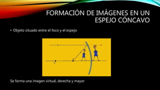 FORMACIÓN DE IMÁGENES EN UN 
ESPEJO CÓNCAVO 
• Objeto situado entre el foco y el espejo 
Se forma una imagen virtual, derecha y mayor 
 