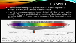 LUZ VISIBLE 
• La parte del espectro magnético que el ojo humano es capaz de percibir se 
denomina espectro visible, luz visible o simplemente luz. 
• La luz visible esta compuesta por radiaciones de longitudes de onda comprendidas 
entre 400 y 700 nm. La sensibilidad del ojo depende de la longitud de onda y tiene 
un máximo de 550 nm. Algunas personas son capaces de percibir desde 380 hasta 
780 nm 
 