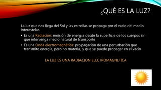 ¿QUÉ ES LA LUZ? 
La luz que nos llega del Sol y las estrellas se propaga por el vacío del medio 
interestelar. 
• Es una Radiación: emisión de energía desde la superficie de los cuerpos sin 
que intervenga medio natural de transporte 
• Es una Onda electromagnética: propagación de una perturbación que 
transmite energía, pero no materia, y que se puede propagar en el vacío 
LA LUZ ES UNA RADIACION ELECTROMAGNETICA 
 