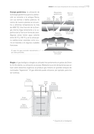 | 113UNIDAD 3 | Una nueva interpretación de la naturaleza: la Energía
Energía geotérmica: la utilización de
la Energía geotérmica para la calefac-
ción se remonta a la antigua Roma,
con sus termas o baños públicos. El
centro de nuestro planeta se encuen-
tra a altísimas temperaturas (a más
de 4000 ºC). Una fracción de la Ener-
gía interna llega lentamente a la su-
perficie de la Tierra en forma de calor.
Algunas zonas tienen agua caliente
entre 50 ºC y 100 ºC y se la utiliza pa-
ra calefaccionar viviendas como ocu-
rre en Islandia o en algunas ciudades
francesas.
Biogás: el gas biológico o biogás es utilizado frecuentemente en países de Orien-
te. En Occidente, su utilización es escasa. Mediante la acción de bacterias que ac-
túan sobre desechos orgánicos se produce gas metano en grandes tanques de-
nominados "digestores". El gas obtenido puede utilizarse, por ejemplo, para mo-
ver turbinas.
El vapor de agua asciende naturalmente o
por tubos profundos.
Esquema de un biodigestor.
 