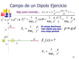 Campo de un Dipolo Ejercicio
                                                           n      n(n − 1) 2
                      Algo para recordar… (1 + x) n = 1 + x + +           x + ......
                                                           1!        2!
                                      1 q              1 q d /2      1 q
r = y +d /4 E
 2       2        2          (1)
                                   =           senθ =             =           d
                                     4πε 0 r1         4πε 0 r1 r1   8πε 0 r1
1                            x               2                2             3


         Ex                       1     p
                                                                      p ≡ q.d
                                                El campo disminuye
     y                      Ex ≈      ⋅ 3       más rápido que para
                                 4πε 0 y        una carga puntual


  d/2
 +            -         x                Ex     E x ( x) = ?
   r1             r2

                                                      1     p
                                                Ex ≈      ⋅ 3
                                                     4πε 0 x
                                                                                19
 