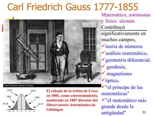 Carl Friedrich Gauss 1777-1855
                                           Matemático, astrónomo
                                           y físico alemán.
                                           Contribuyó
                                           significativamente en
                                           muchos campos,
                                           teoría de números
                                           análisis matemático,
                                           geometría diferencial,
                                            geodesia,
                                            magnetismo
                                           óptica.
                                           "el príncipe de las
        El cálculo de la órbita de Ceres
        en 1801, como entretenimiento,     matemáticas"
        nombrado en 1807 director del      "el matemático más
        Observatorio Astronómico de
                                           grande desde la
        Göttingen
                                           antigüedad"         31
 