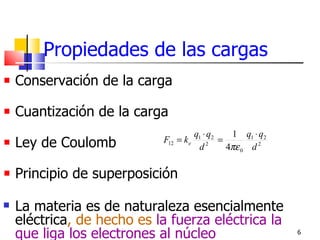 Propiedades de las cargas
    Conservación de la carga

    Cuantización de la carga
                                     q1 ⋅ q2    1 q1 ⋅ q2
    Ley de Coulomb          F12 = ke
                                      d  2
                                             =
                                               4πε 0 d 2


    Principio de superposición

   La materia es de naturaleza esencialmente
    eléctrica, de hecho es la fuerza eléctrica la
    que liga los electrones al núcleo                       6
 