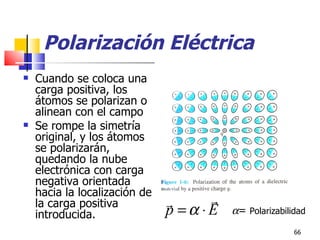 Polarización Eléctrica
   Cuando se coloca una
    carga positiva, los
    átomos se polarizan o
    alinean con el campo
   Se rompe la simetría
    original, y los átomos
    se polarizarán,
    quedando la nube
    electrónica con carga
    negativa orientada
    hacia la localización de
    la carga positiva               
    introducida.               p =α ⋅E   α= Polarizabilidad
                                                        66
 