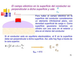 El campo eléctrico en la superficie del conductor es
       perpendicular a dicha superficie y vale σ
                                               εo
         E
                                 Para hallar el campo eléctrico en la
                                 superficie del conductor consideremos
                                 un elemento infinitesimal plano, con
                                 densidad superficial de carga σ. Como
                                 superficie gaussiana tomamos un
                                 cilindro con una cara en el exterior y
                                 otra en el interior del conductor

Si el conductor está en equilibrio electrostático, el E en la superficie
debe ser perpendicular a dicha superficie. Así, sólo hay flujo a través de
la cara superior.
                   q
 Φ = ∫ E ⋅ ds = E s = int                           σ
                      εo                         E=
                               qint = σ s
                                                    εo
                                                                       75
 