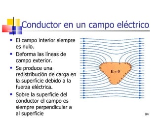 Conductor en un campo eléctrico
   El campo interior siempre
    es nulo.
   Deforma las líneas de
    campo exterior.
   Se produce una
    redistribución de carga en
    la superficie debido a la
    fuerza eléctrica.
   Sobre la superficie del
    conductor el campo es
    siempre perpendicular a
    al superficie                   84
 