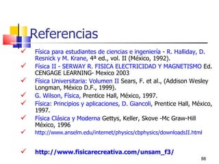 Referencias
   Física para estudiantes de ciencias e ingeniería - R. Halliday, D.
    Resnick y M. Krane, 4ª ed., vol. II (México, 1992).
   Física II - SERWAY R. FISICA ELECTRICIDAD Y MAGNETISMO Ed.
    CENGAGE LEARNING- Mexico 2003
   Física Universitaria: Volumen II Sears, F. et al., (Addison Wesley
    Longman, México D.F., 1999).
   G. Wilson, Física, Prentice Hall, México, 1997.
   Física: Principios y aplicaciones, D. Giancoli, Prentice Hall, México,
    1997.
   Física Clásica y Moderna Gettys, Keller, Skove -Mc Graw-Hill
    México, 1996
   http://www.anselm.edu/internet/physics/cbphysics/downloadsII.html


   http://www.fisicarecreativa.com/unsam_f3/
                                                                     88
 
