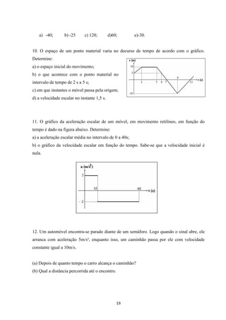 a) -40; b) -25 c) 120; d)60; e)-30. 
10. O espaço de um ponto material varia no decurso de tempo de acordo com o gráfico. 
Determine: 
a) o espaço inicial do movimento; 
b) o que acontece com o ponto material no 
intervalo de tempo de 2 s a 5 s; 
c) em que instantes o móvel passa pela origem; 
d) a velocidade escalar no instante 1,5 s. 
11. O gráfico da aceleração escalar de um móvel, em movimento retilíneo, em função do 
tempo é dado na figura abaixo. Determine: 
a) a aceleração escalar média no intervalo de 0 a 40s; 
b) o gráfico da velocidade escalar em função do tempo. Sabe-se que a velocidade inicial é 
nula. 
12. Um automóvel encontra-se parado diante de um semáforo. Logo quando o sinal abre, ele 
arranca com aceleração 5m/s², enquanto isso, um caminhão passa por ele com velocidade 
constante igual a 10m/s. 
(a) Depois de quanto tempo o carro alcança o caminhão? 
(b) Qual a distância percorrida até o encontro. 
19 
 
