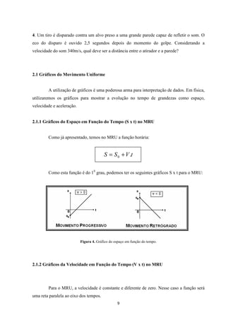 4. Um tiro é disparado contra um alvo preso a uma grande parede capaz de refletir o som. O 
eco do disparo é ouvido 2,5 segundos depois do momento do golpe. Considerando a 
velocidade do som 340m/s, qual deve ser a distância entre o atirador e a parede? 
9 
2.1 Gráficos do Movimento Uniforme 
A utilização de gráficos é uma poderosa arma para interpretação de dados. Em física, 
utilizaremos os gráficos para mostrar a evolução no tempo de grandezas como espaço, 
velocidade e aceleração. 
2.1.1 Gráficos do Espaço em Função do Tempo (S x t) no MRU 
Como já apresentado, temos no MRU a função horária: 
S S V.t 0 = + 
Como esta função é do 10 grau, podemos ter os seguintes gráficos S x t para o MRU: 
Figura 4. Gráfico do espaço em função do tempo. 
2.1.2 Gráficos da Velocidade em Função do Tempo (V x t) no MRU 
Para o MRU, a velocidade é constante e diferente de zero. Nesse caso a função será 
uma reta paralela ao eixo dos tempos. 
 